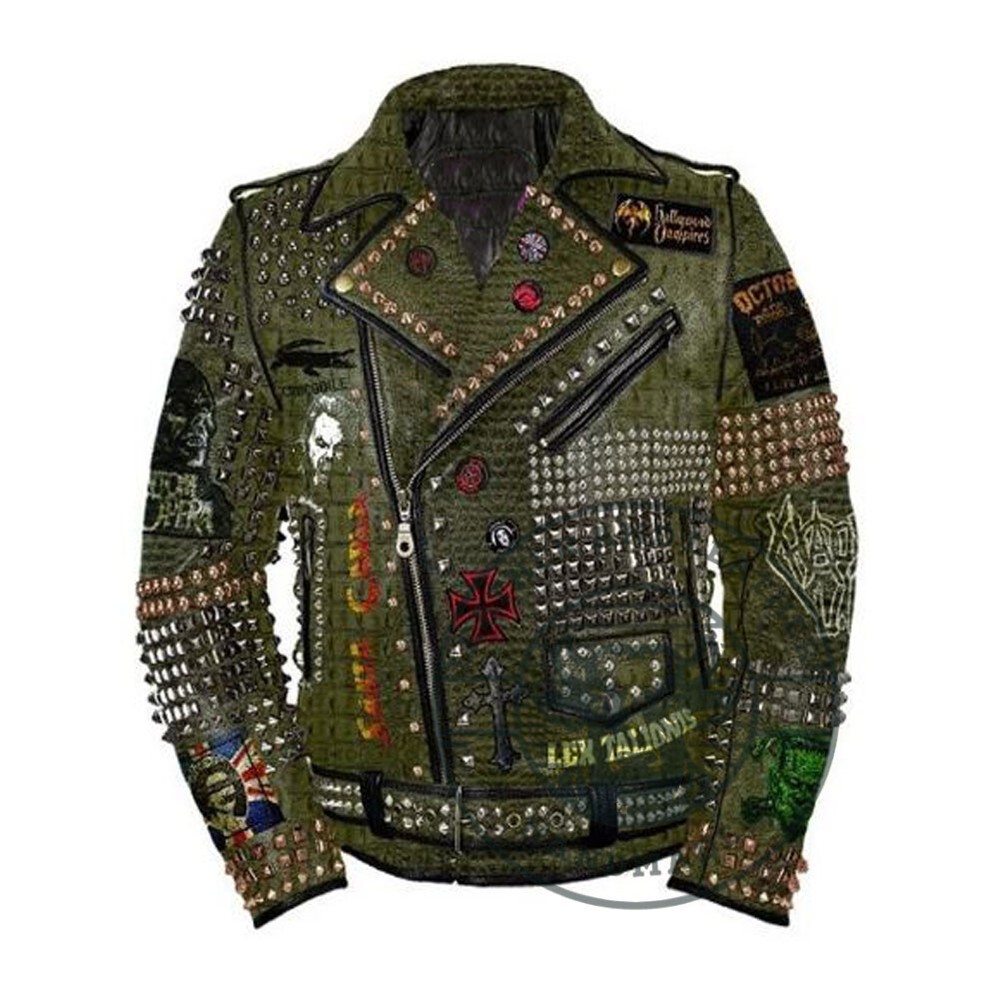 Men's Handmade Green Crocodile Print Leather Studded Jacket with Queen Patch  