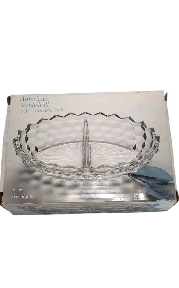 Vintage Indiana Glass Two Part Oval American White Hall Relish Dish Original Box