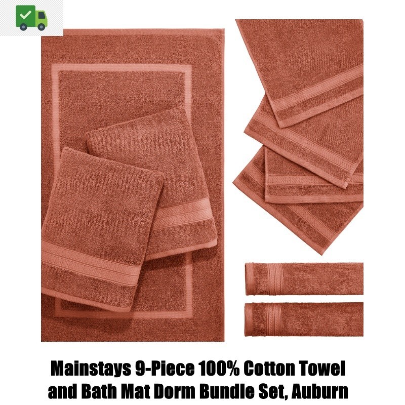 Mainstays 9-Piece Cotton Towel and Bath Mat Set Auburn Dorm Essentials