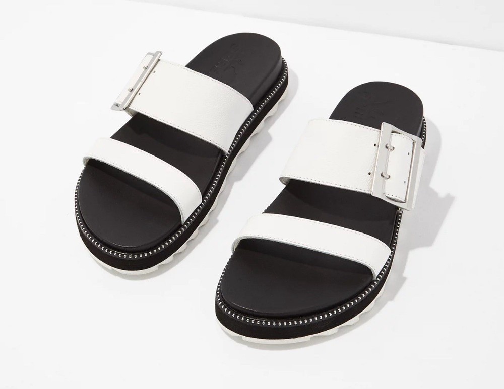 Sorel Roaming Slide Sea Salt White Black Slip On Leather Buckle Sandals Size 5