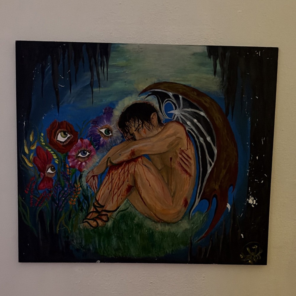 Fantasy Figure Acrylic Painting on Canvas Surreal Flowers Signed Original