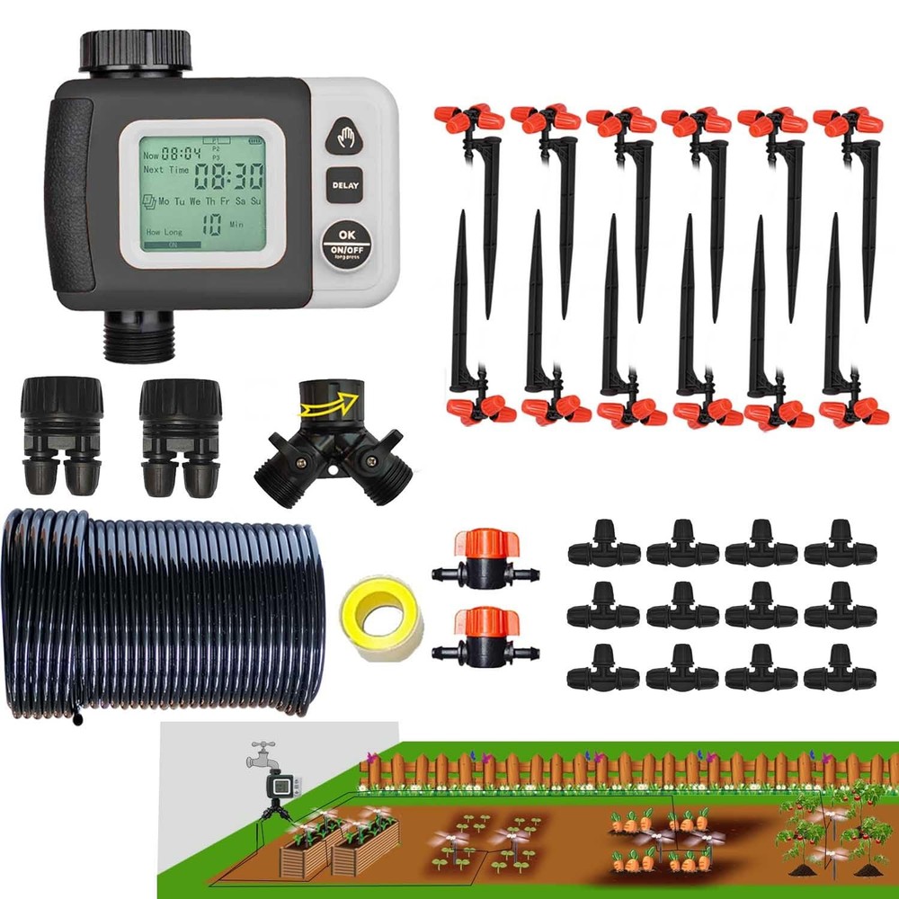 Drip Irrigation Kit with Timer Automatic Watering System 64FT 1/4 Tubing