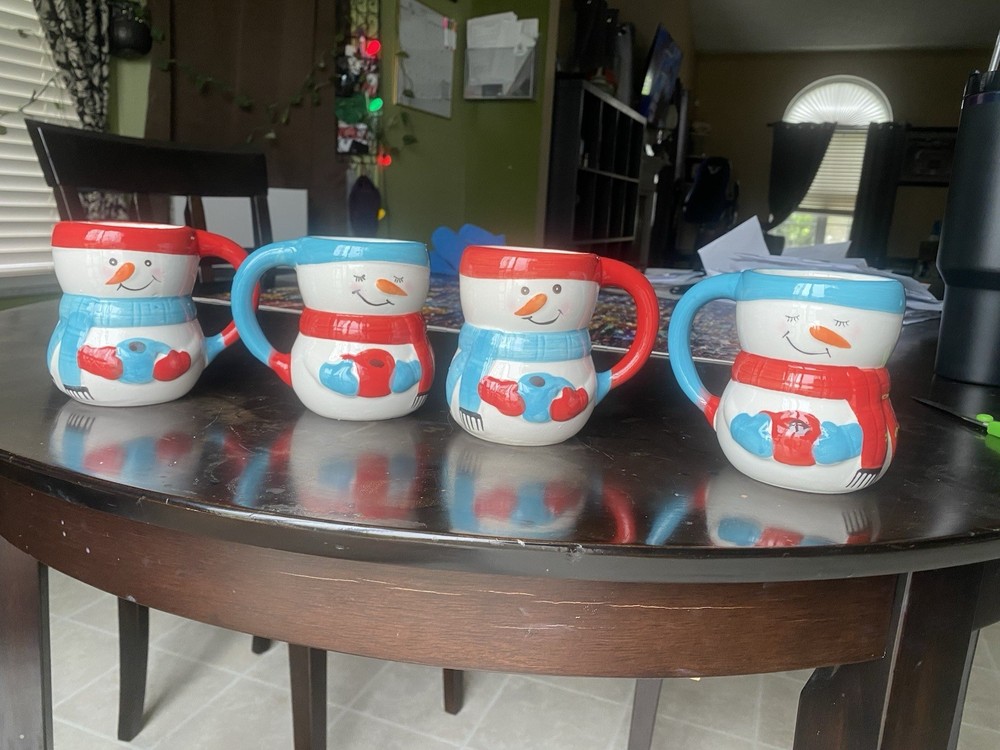 Bay Island Snowman Mugs Set of 4 Ceramic Coffee Cups Winter Theme