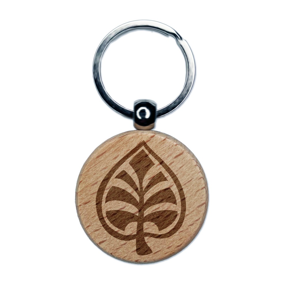 Intricate Leaf Design Engraved Wood Round Keychain Tag Charm