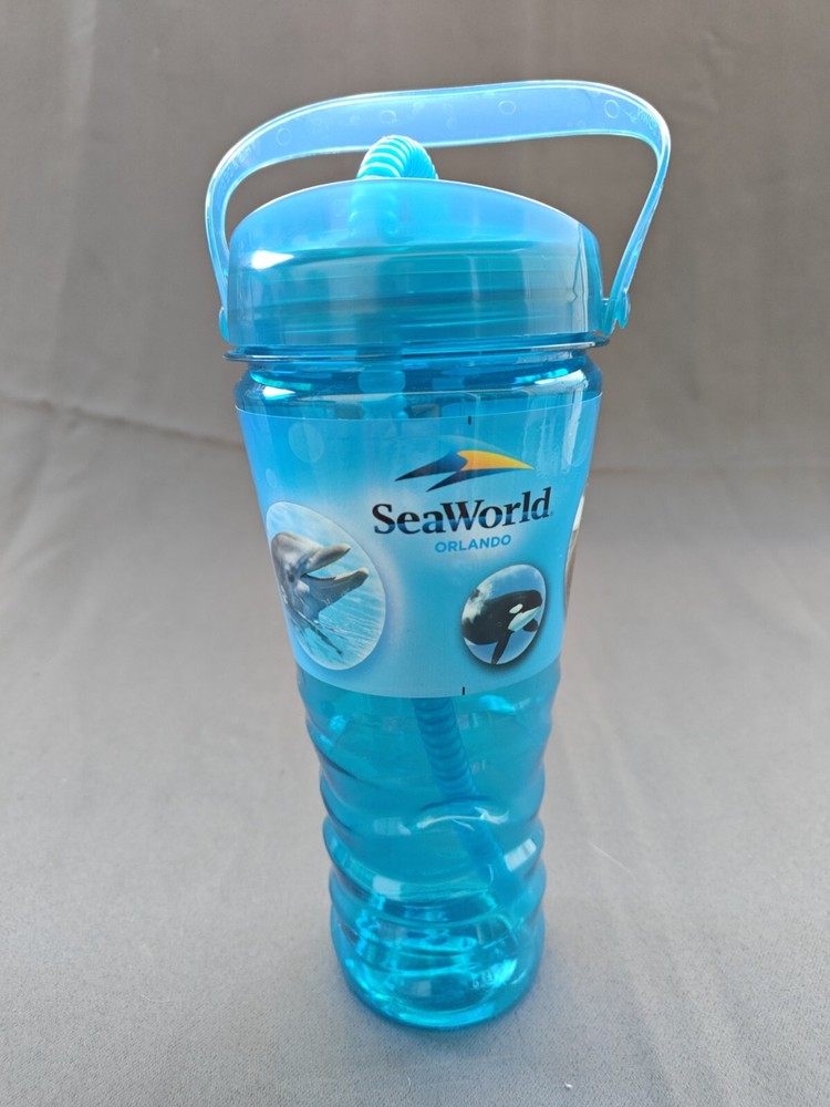 Sea World Orlando Blue Easy Carry Handle Refill Bottle No Spill Straw Insert Lid