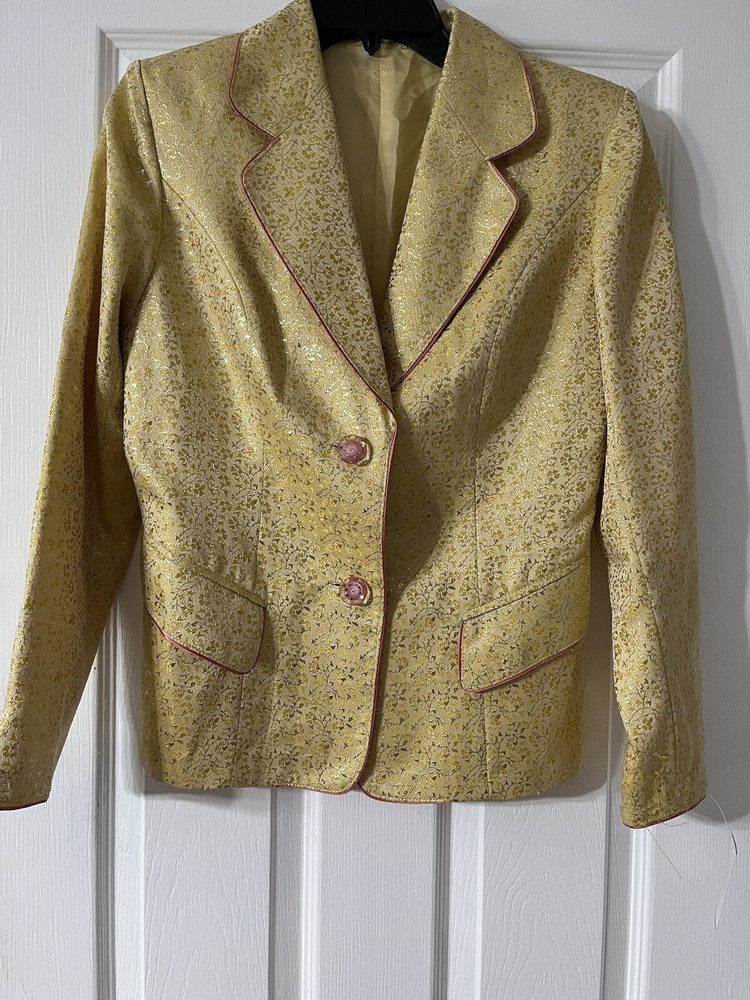 Women’s Medium Yellow Blazer Buttons Shape In Pink Flower Design Button Up