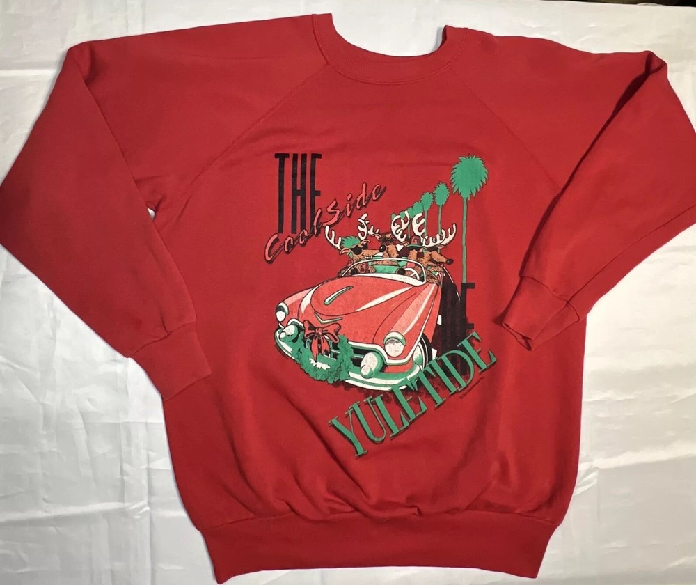 🔥VNTG 1980s COOL REINDEER YULETIDE CLASSIC CAR  CHRISTMAS CREWNECK LARGE 🔥