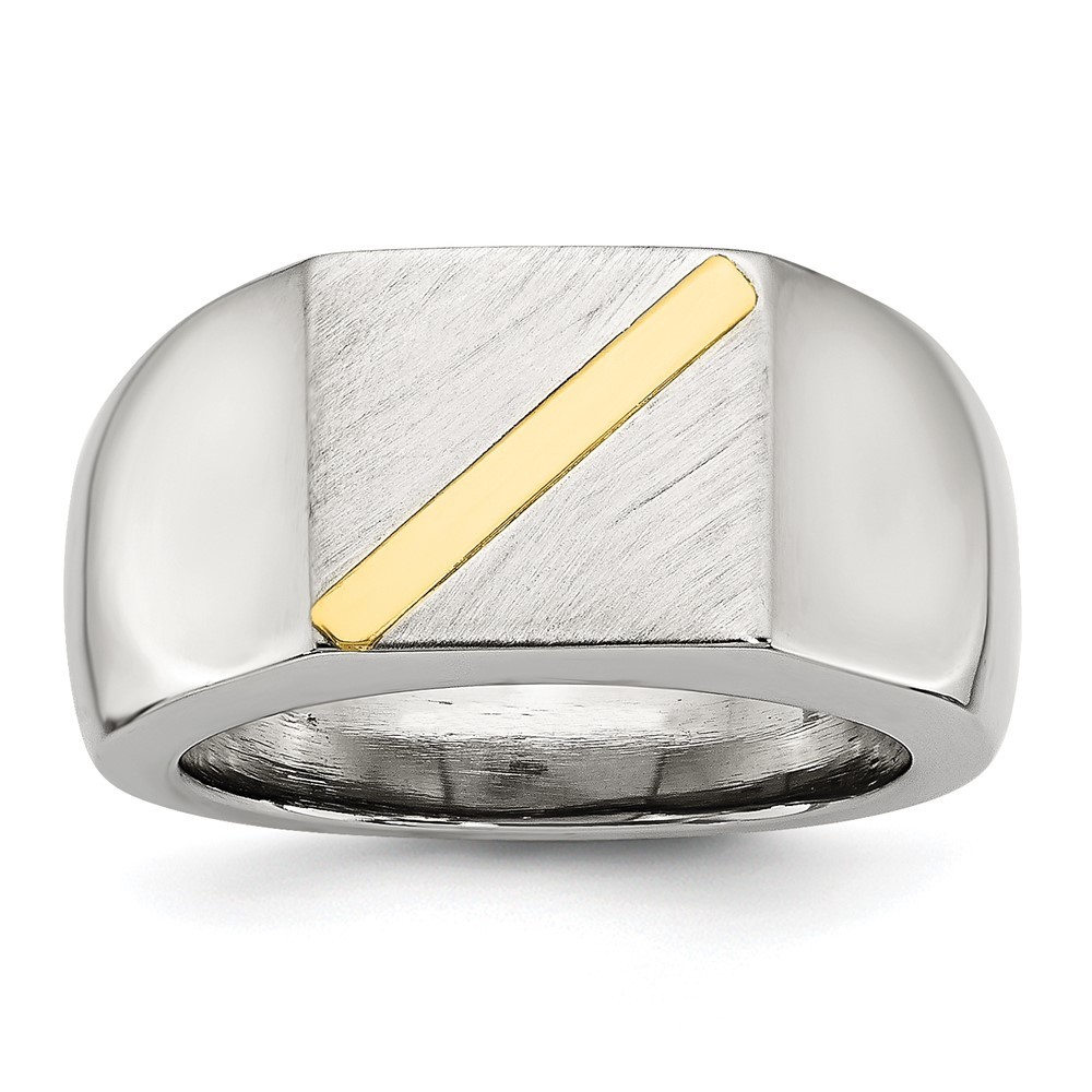 Stainless Steel Brushed and Polished with 14K Gold Stripe Signet Ring Size 9