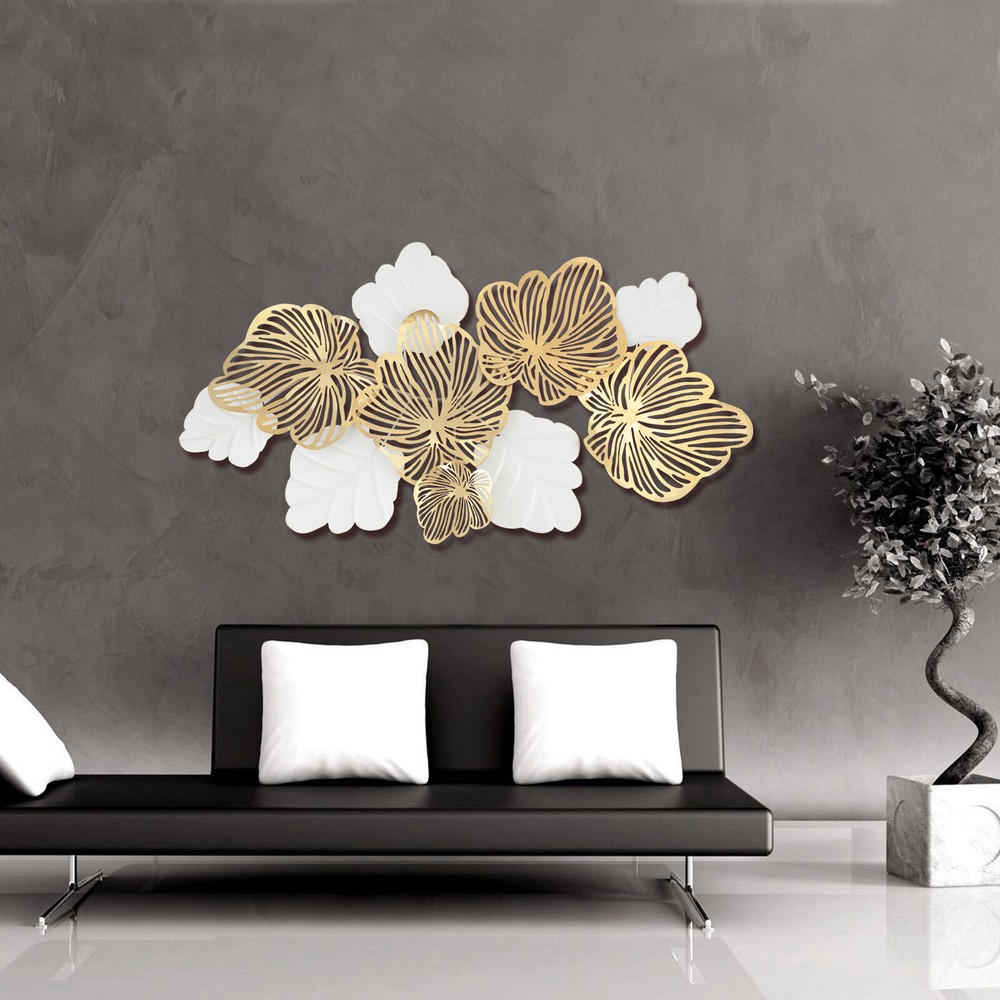 Metal Flowers & Leaves Wall Art Large White & Gold Sculpture Hanging Home Decor