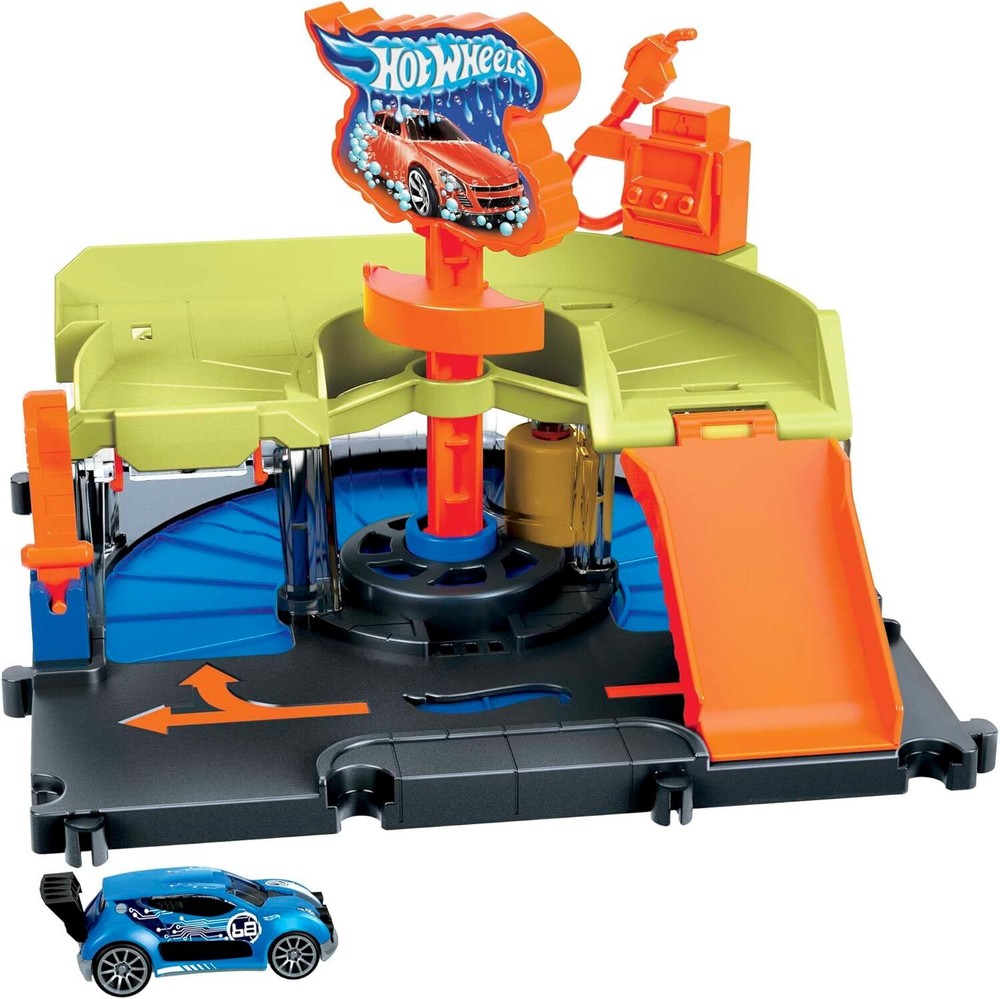 Hot Wheels City Toy Car Track Set Downtown Express Car Wash Playset with 1:64 Sc