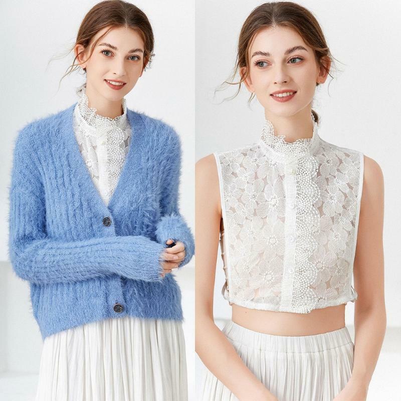 Women Hollow Out Embroidery Lace Faux Collar Ruffles Stand Half Shirt Dickey