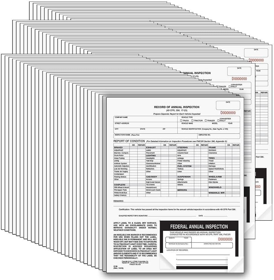 J. J. Keller 100-Pack, Record of Annual Inspection Form with Inspection Decal, 2