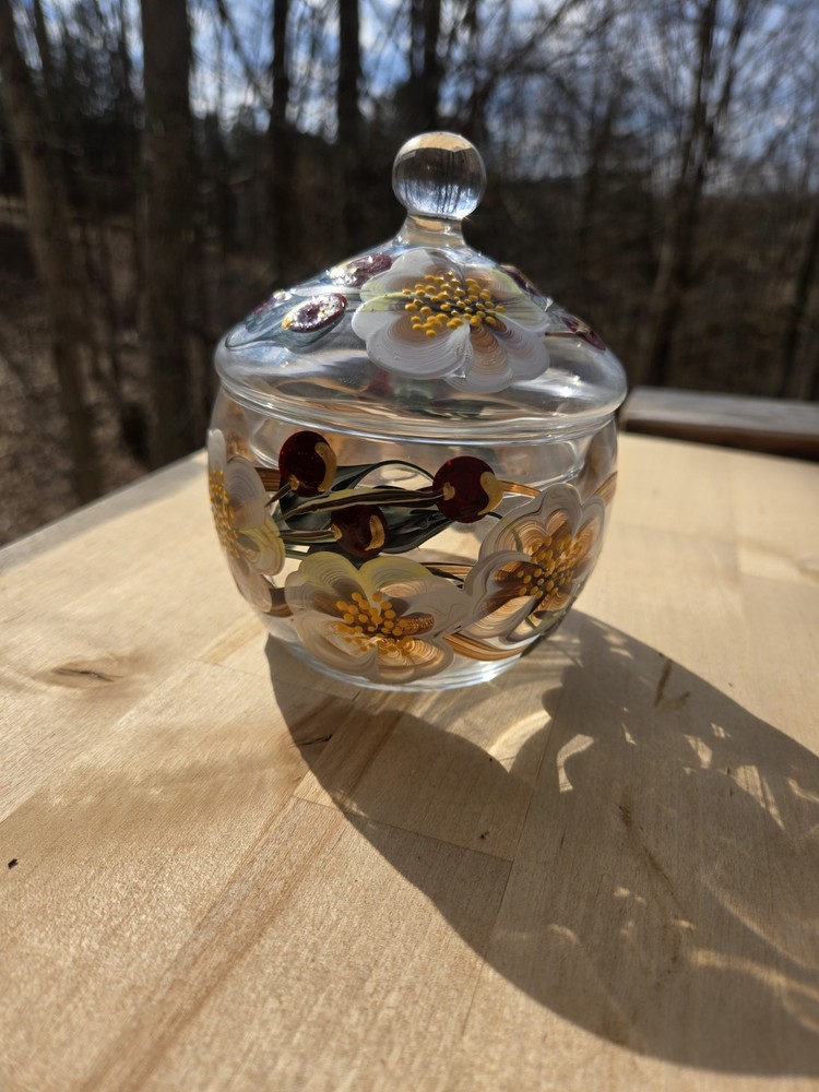 Designs By Shelley Small Handpainted Glass Art Trinket / Candy Bowl, Floral