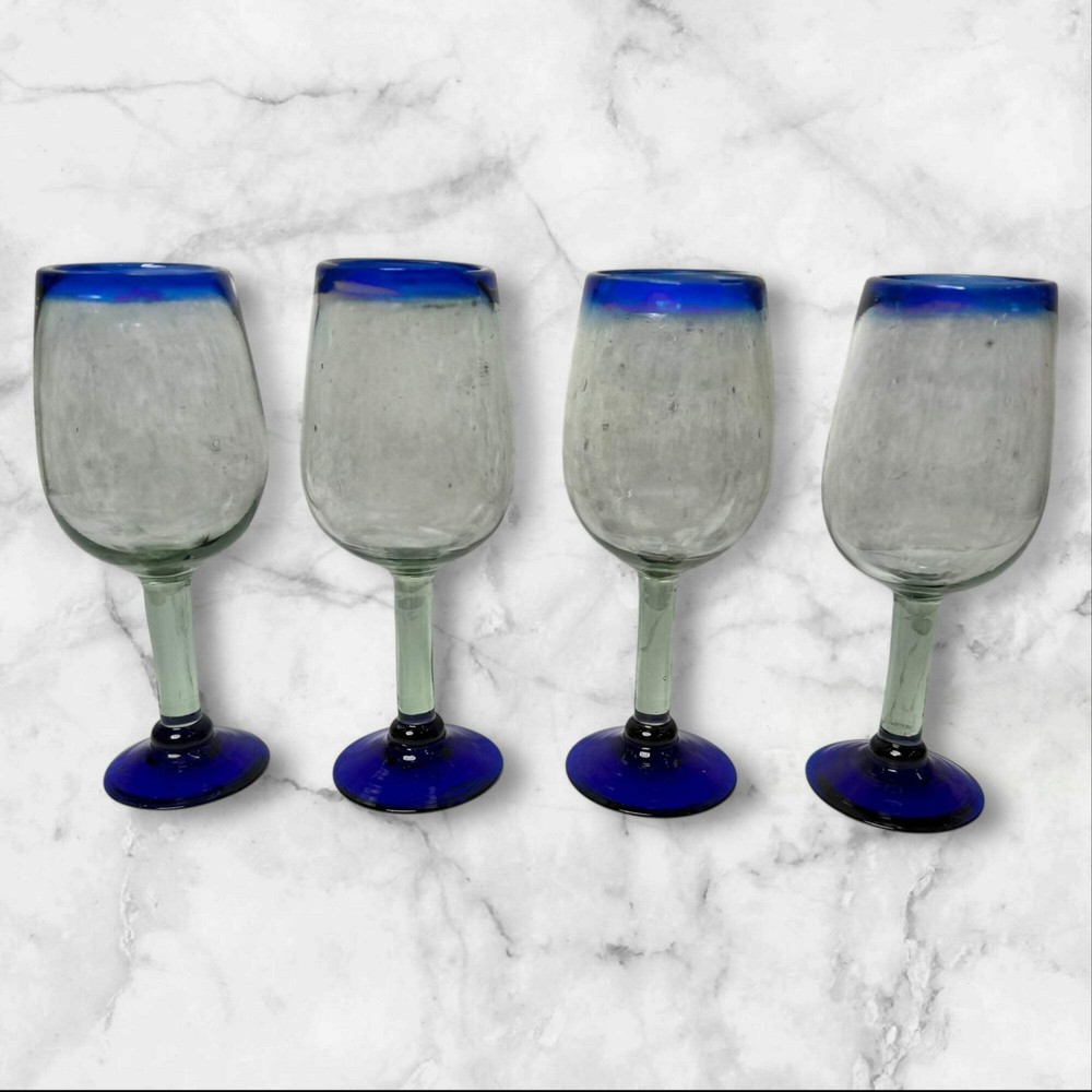 Handblown Cobalt Blue Rim Stemmed Wine Glasses | Set of 4 | Excellent Condition