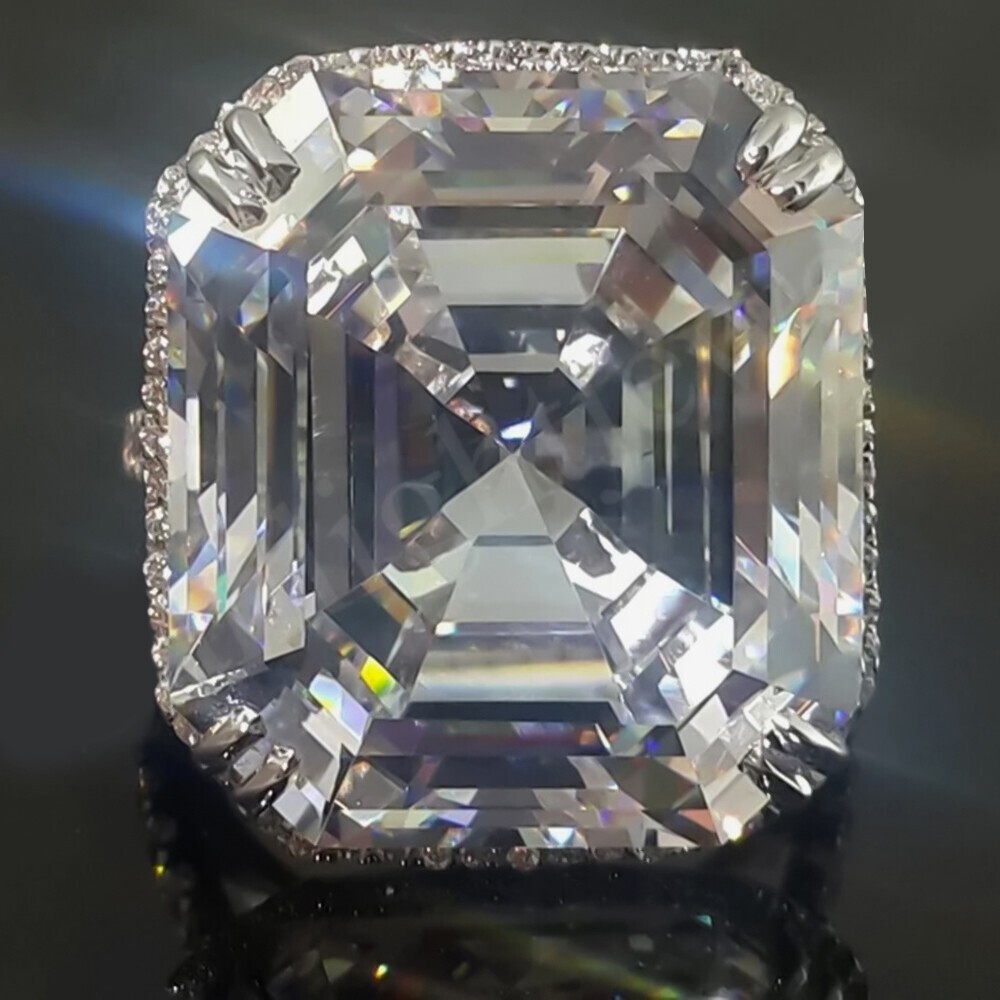 17.00 Ct Certified Asscher Cut Off White Treated Diamond 925 Silver Ring