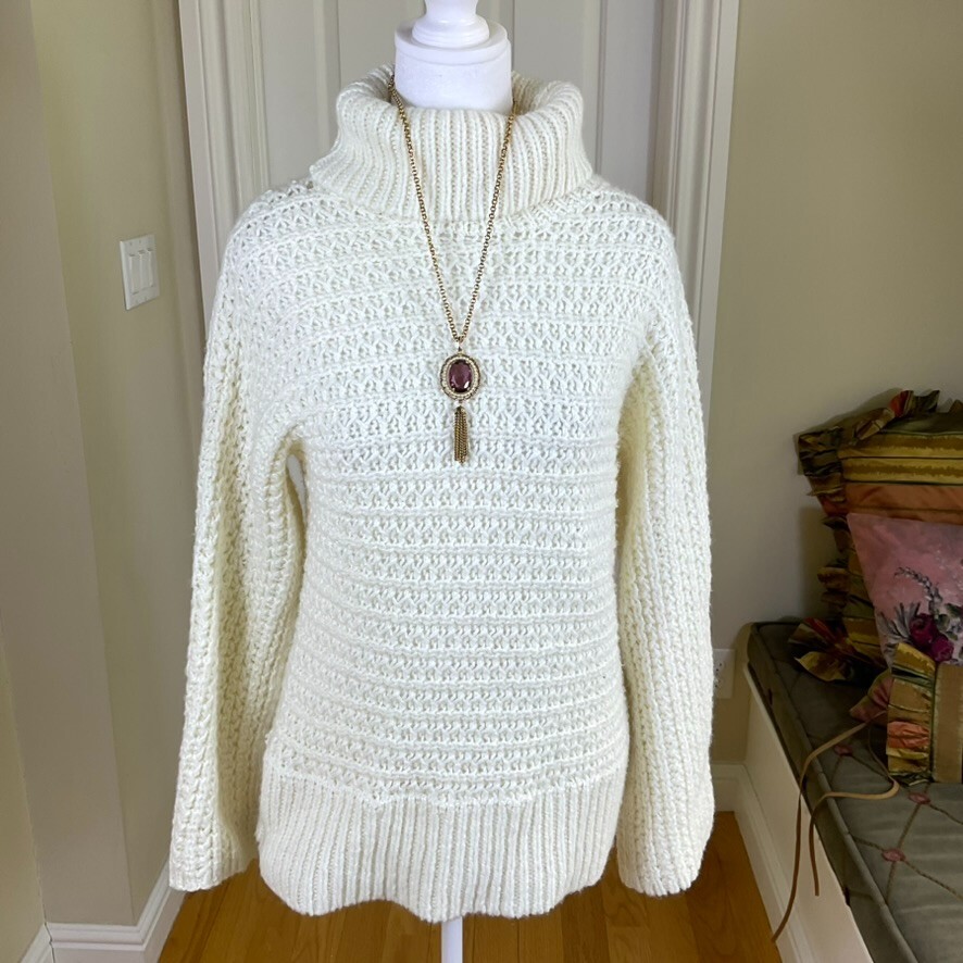 Jones NY Sweater Turtleneck Ivory Cream Wool Blend Chunky Knit Coastal (L)