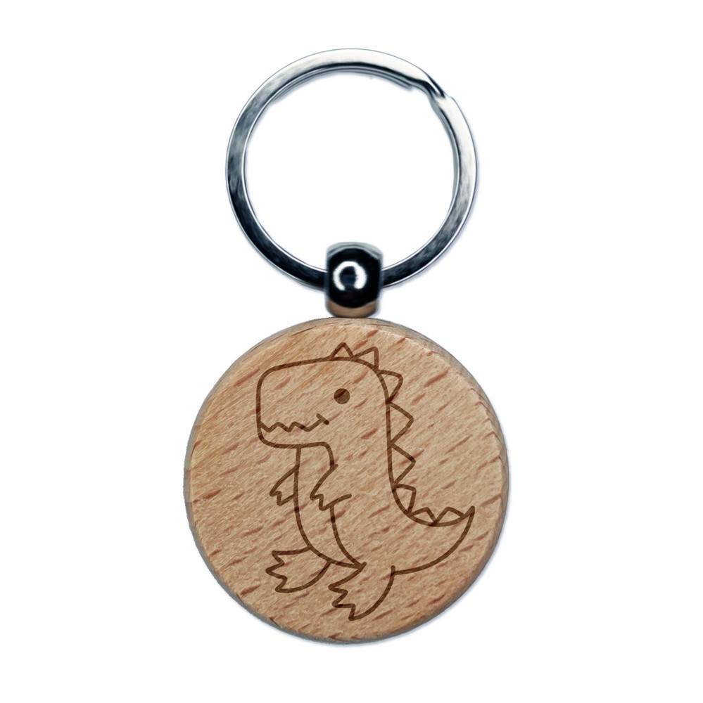 Sweet Kawaii Dinosaur Engraved Wood Round Keychain Tag Charm