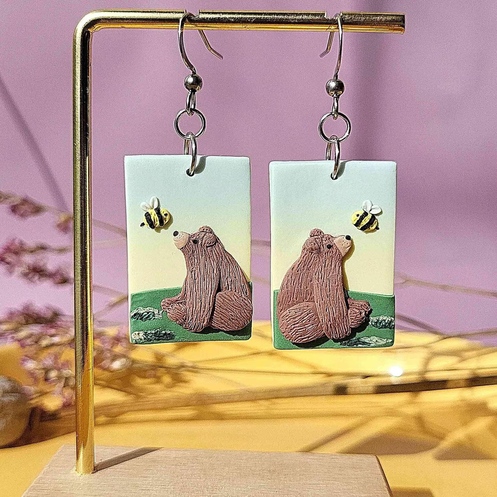 Handmade Grizzly Bear Stud Earrings Cute Animal Lover Gift For Women