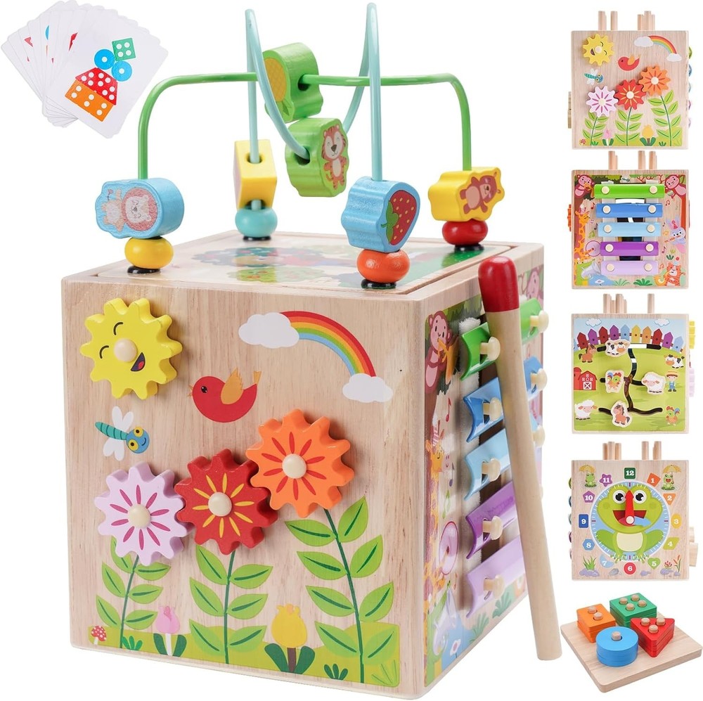 Wooden Activity Cube | Montessori Toys for 1 2 3 Year Old Toddlers | One Year Ol