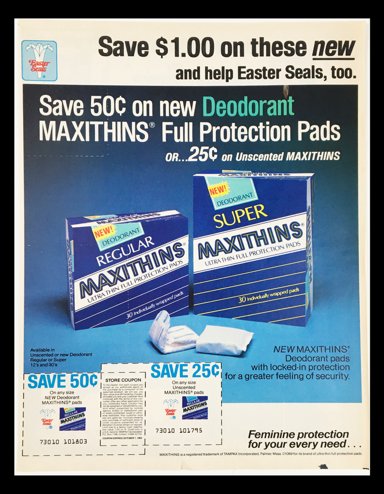 1984 Deodorant Regular Maxithins Protection Pads Circular Coupon Advertisement-image