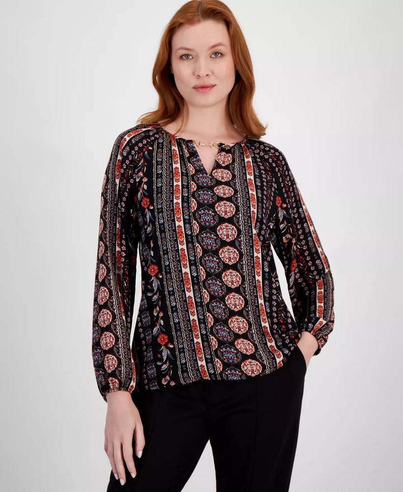 T Tahari Women's Top Sz XS Printed Chain-Neck Rich Black