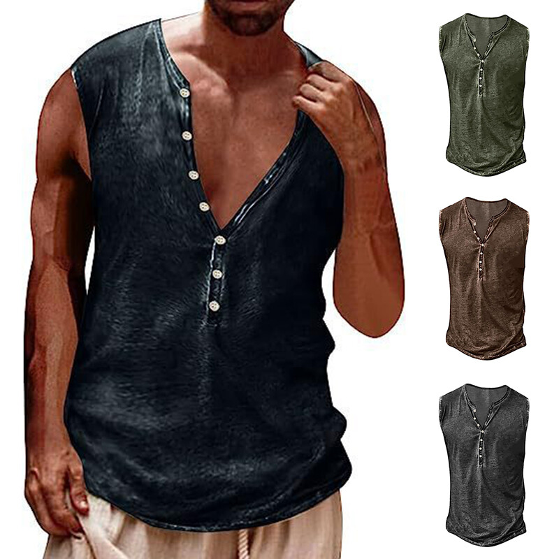 ❀Men Button Tank Top Workout Casual Muscle TeeT-Shirt Sleeveless Gym Sports Vest