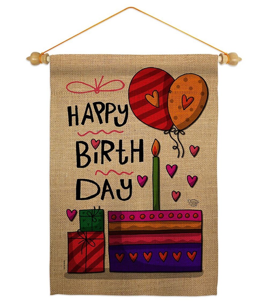 Happy Birthday Garden Flag with Wood Dowel – Celebration Cake Gift Party Decor