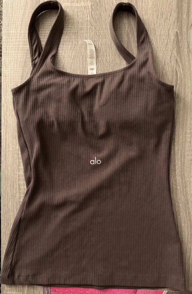 Alo Yoga Ribbed Square Neck Tank Top Brown Women's XS