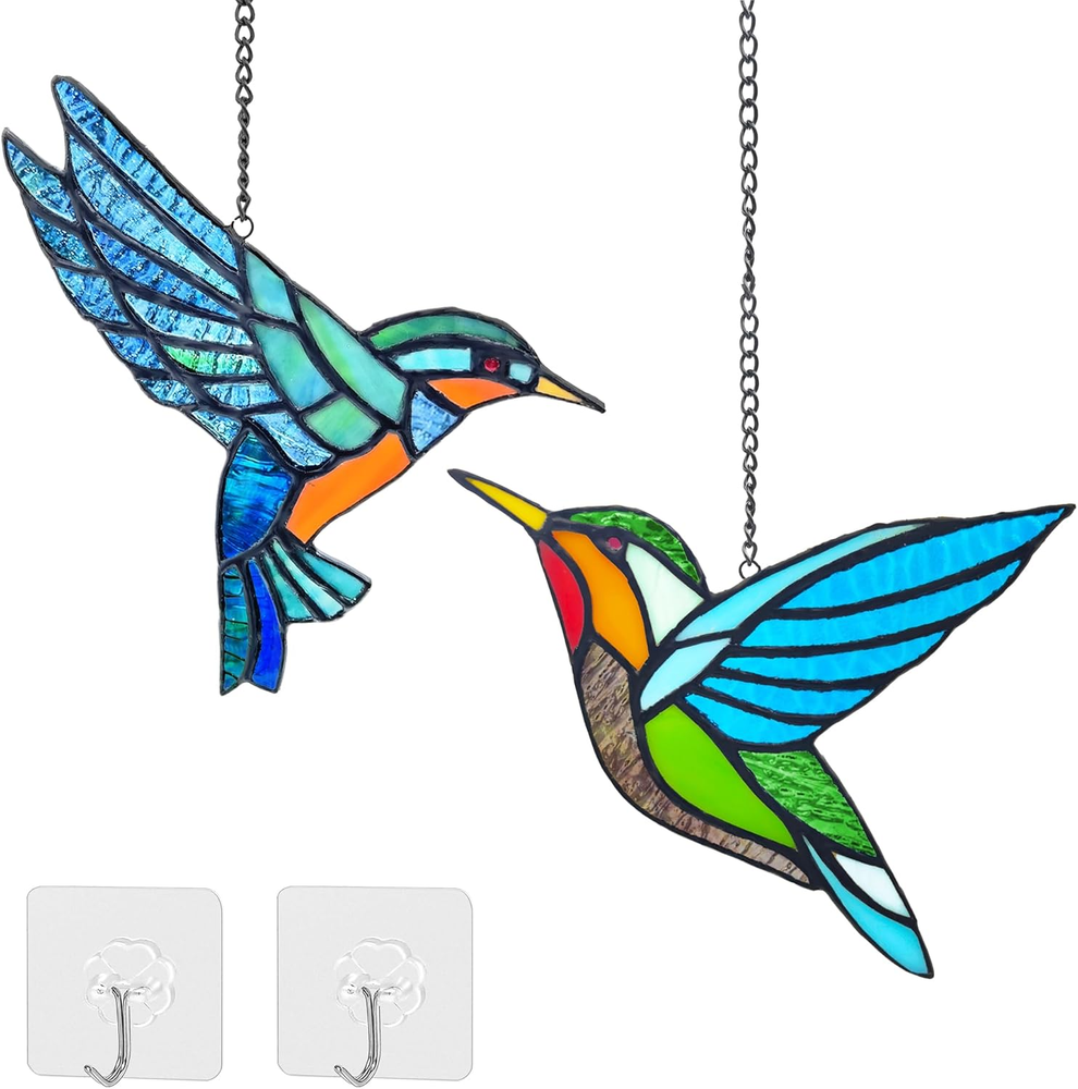 2 Pack Hummingbird Stained Glass Window Hangings Handmade Bird Sun Catcher Home