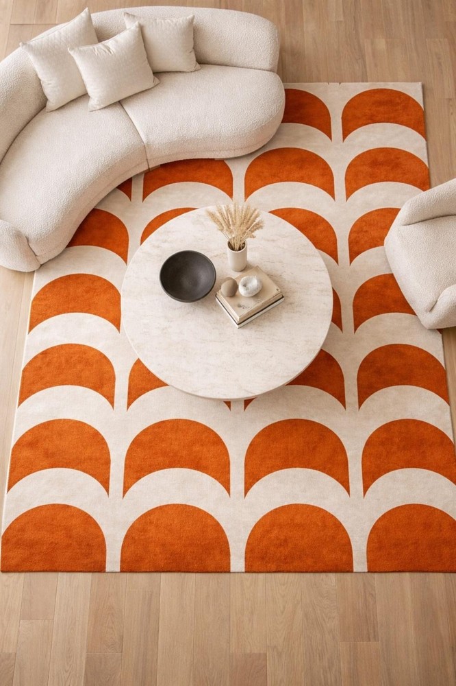 Hand Tufted Modern Geometric Rug, Orange & Cream Wool Area Rug,