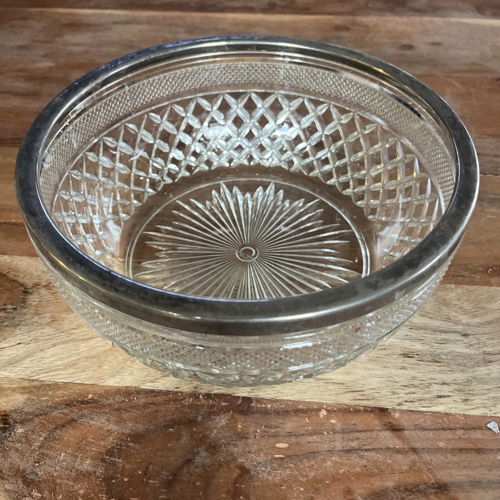 Vintage Anchor Hocking Heavy Cut Glass Serving Bowl with Silver Rim 8.5