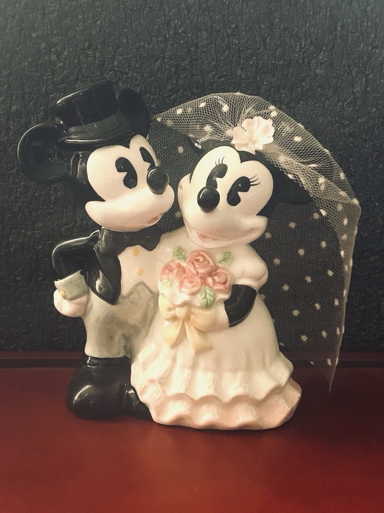 Vintage Disney Mickey And Minnie Mouse Ceramic Wedding Cake Topper Bride & Groom
