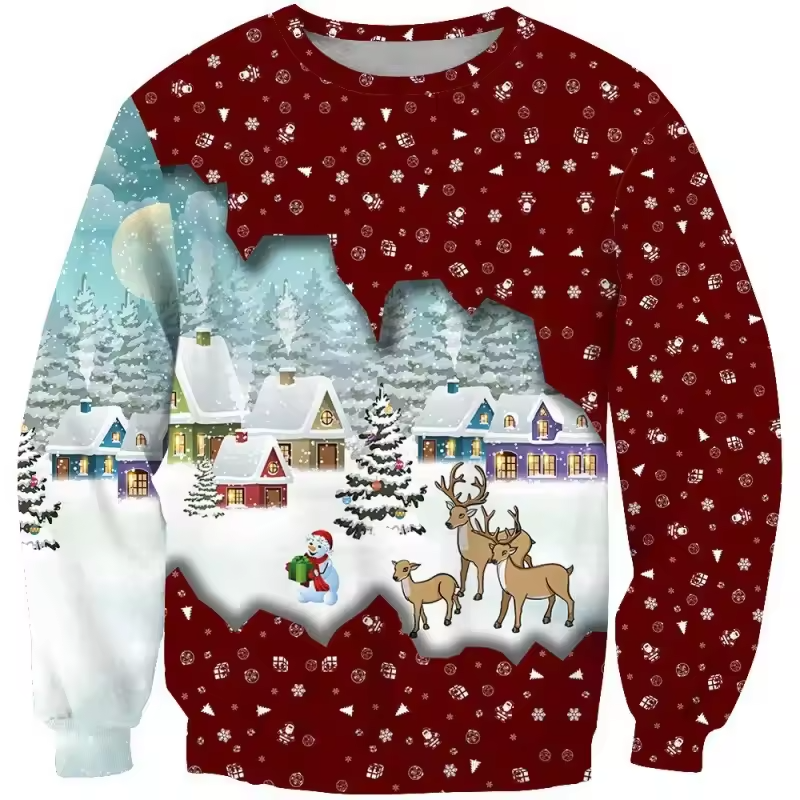 Merry Christmas Sweatshirt, Red Shirt with Snow Village, Reindeer & Holiday Joy