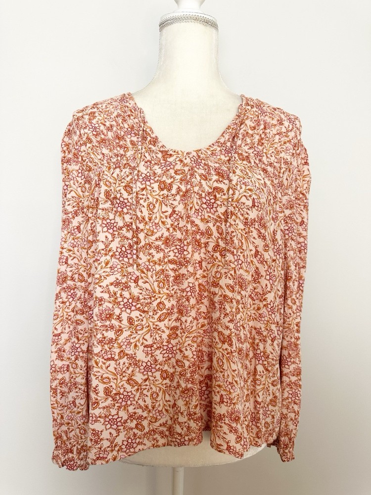 Old Navy Womens Orange Red Floral Pleated V-Neck Blouse Long Sleeve Size M