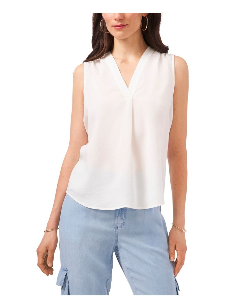 VINCE CAMUTO Ivory V Neck Sleeveless Blouse with Curved Hem