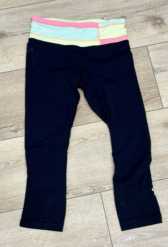 Lululemon Women's Cropped Black Leggings With Colourful Waistband, Size 4