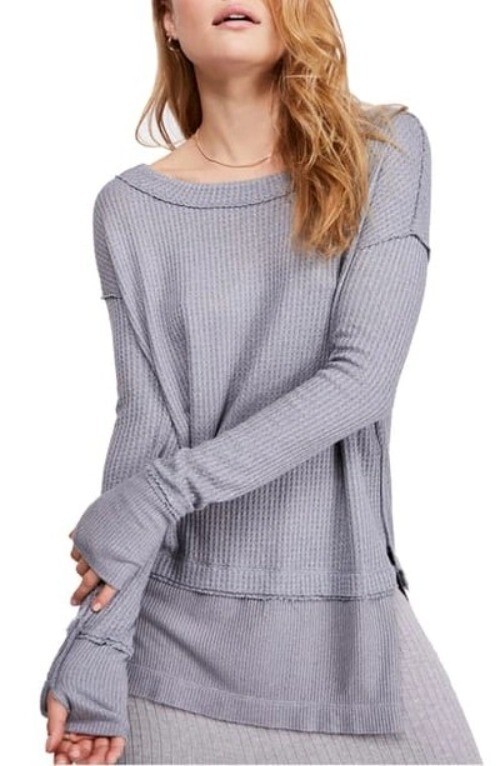 We The Free People Top Sz M North Shore Thermal Grey Waffle Knit Sweater Cozy