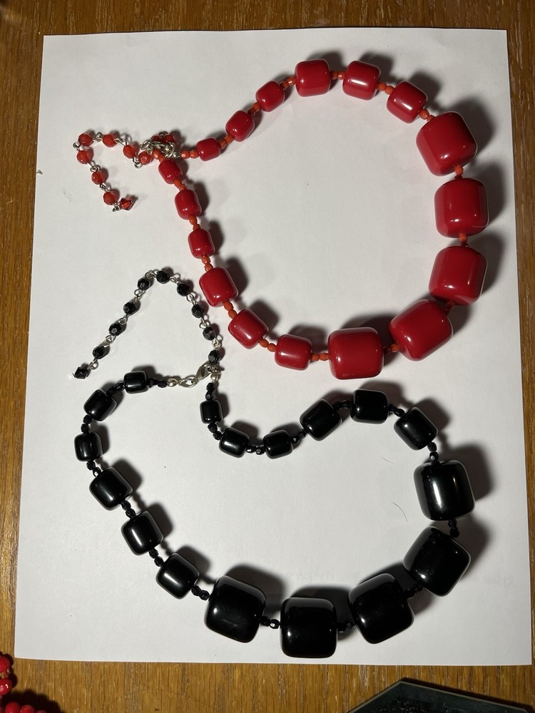 Vintage Red and Black Chunky Beaded Statement Necklaces Set of 2 Plastic Fashion