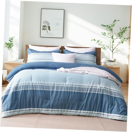 Comforter Set - 3 Pieces Soft Striped Bedding Comforter Sets Queen Sky Blue