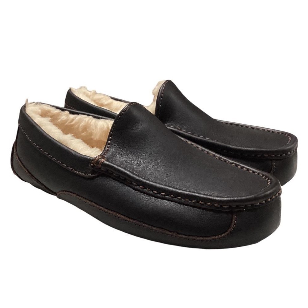 UGG Slippers Moccasins Shoes Mens 7 EEE Brown Ascot Sheepskin Leather NEW