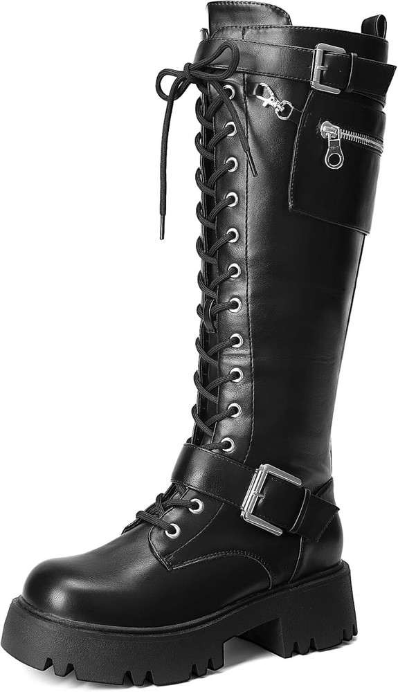 DREAM PAIRS Womens Combat Riding Knee High Lace Up Platform Fall Boots