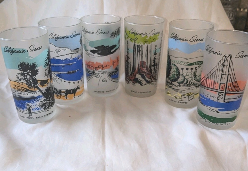 MCM Glasses Set Of 6 Libbey California Scenes Tall Highball Barware Kitschy