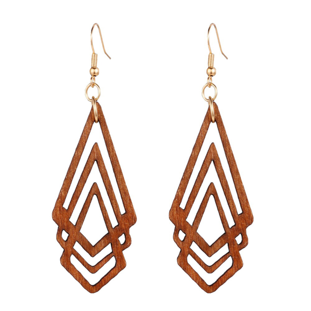 Ethnic Wooden Rhombus Earrings for Women Ear Decoration