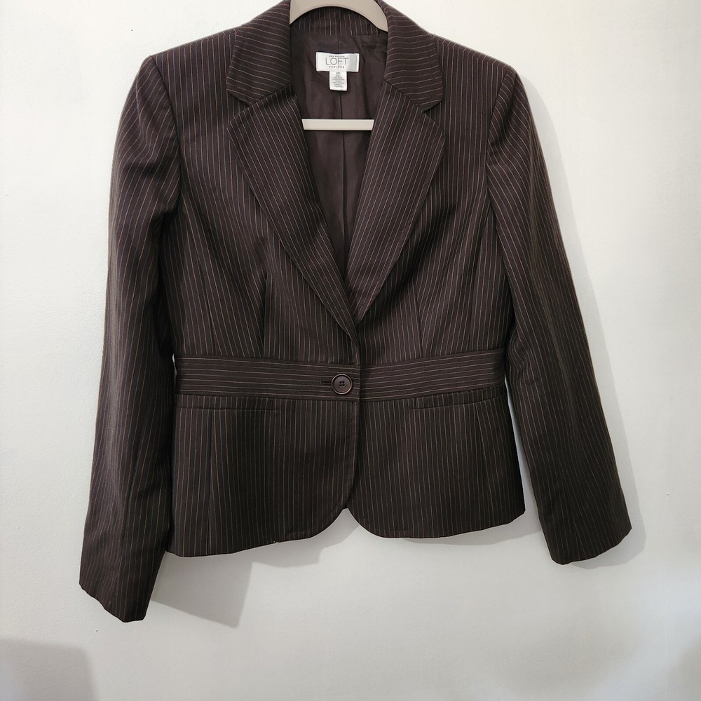 Ann Taylor Loft Women’s Brown Pinstripe Blazer Jacket Size 6P Single Button Y2k