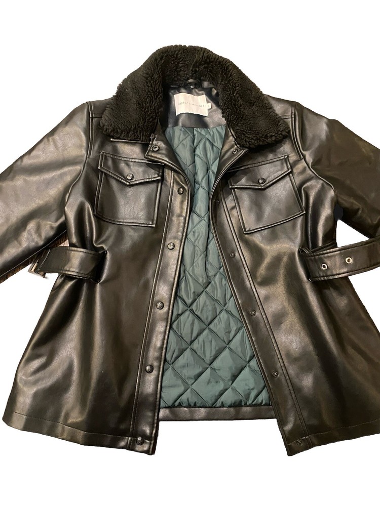 Rebecca Minkoff Faux Leather Belted Jacket with Shearling Collar Size L