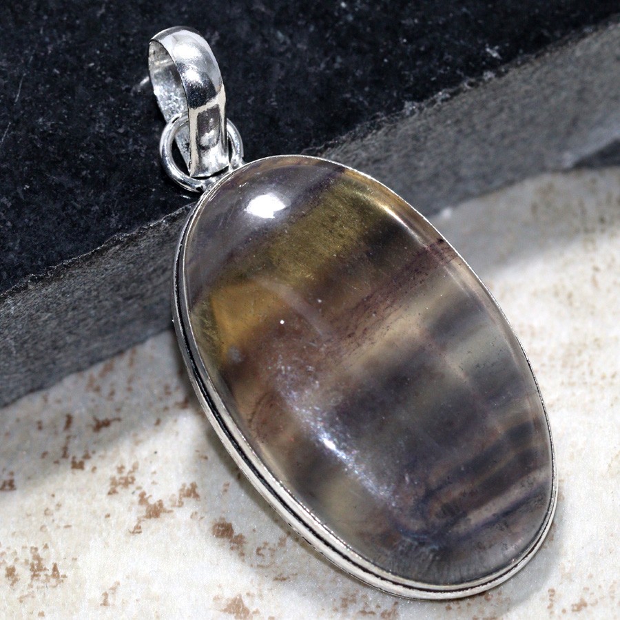 925 Silver Plated Rainbow Fluorite Ethnic Pendant Jewelry 2.1 Inch JW