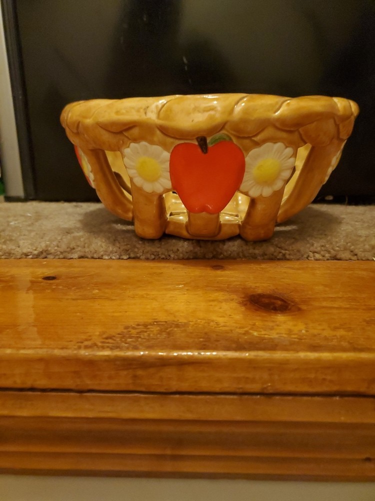 Vintage Ceramic Basket Weave Fruit Bowl Apples Daisies Signed Dated