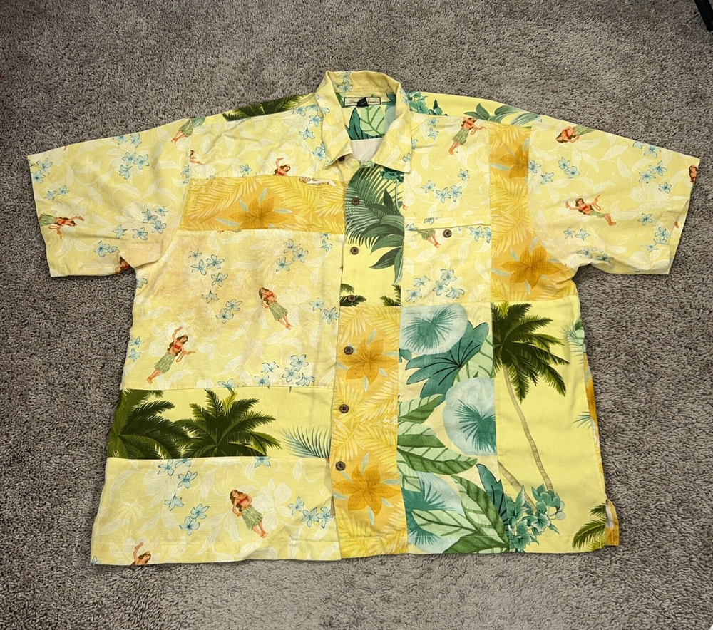 Tommy Bahama Shirt Mens 2XL Yellow Floral Hawaiian Aloha Vacation Silk Distress