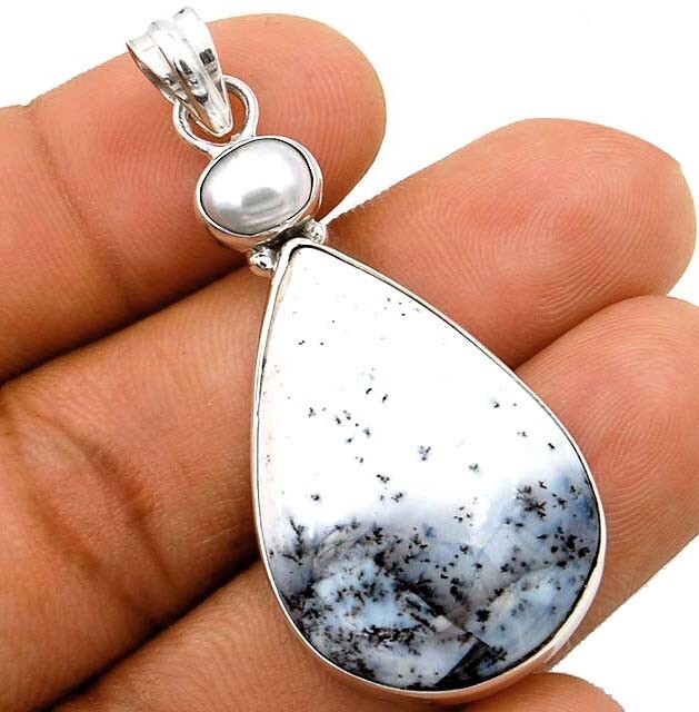 Natural Winter Dendrite Opal & Pearl 925 Solid Sterling Silver Pendant @B19-4