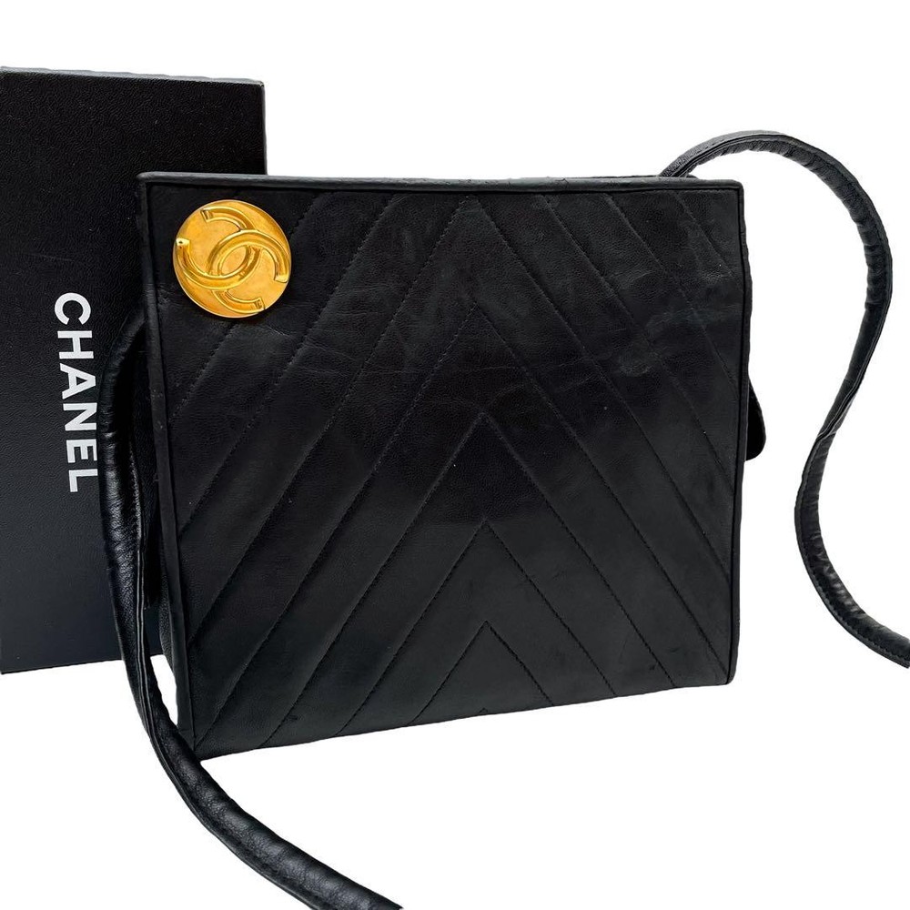 Chanel Black Lambskin V-Stitch Shoulder Bag with Coco Mark